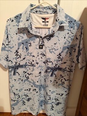 Light Blue Camo Short-Sleeve Polo with Rifle Graphic